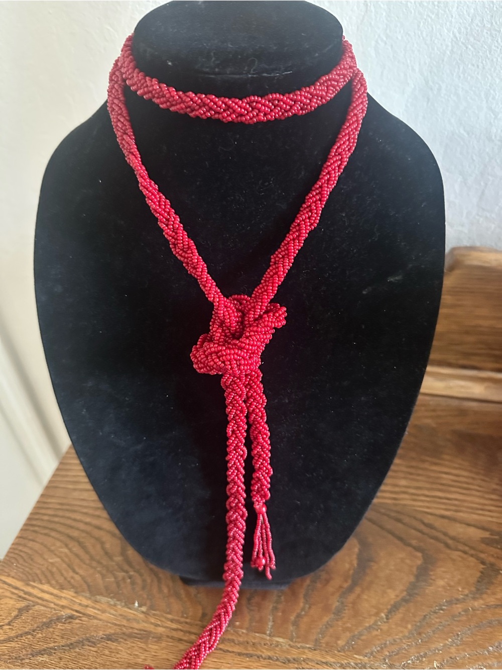 Artisan Red Seed Bead Lariat Necklace